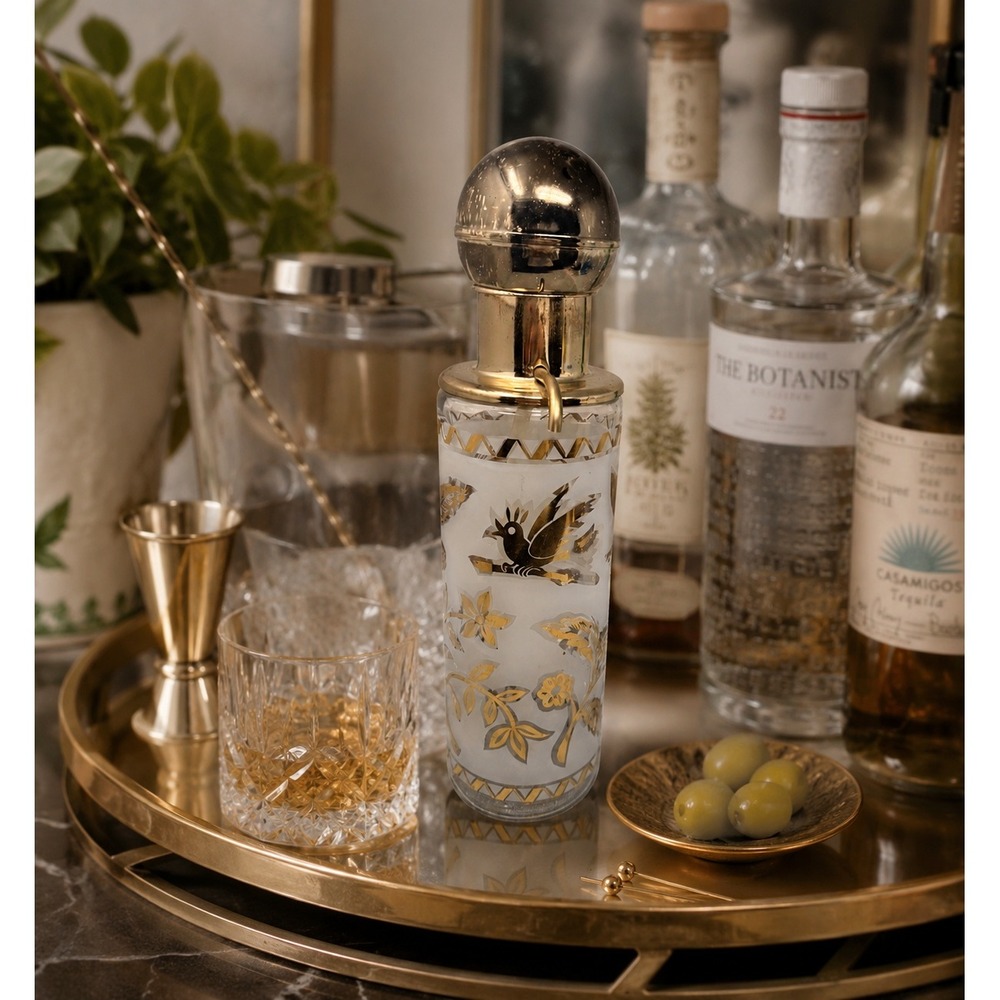 Vintage Libbey Seltzer‎ Bottle Gold Bird Leaf Brass Pump MCM Decor 1960s